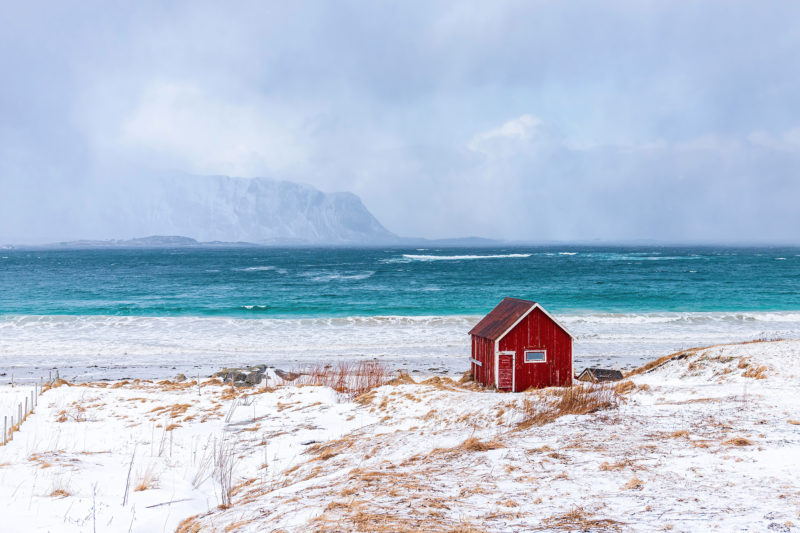 Red Beach House in Snowstorm – Photo Print Wall Art Norway - Lofoten Islands