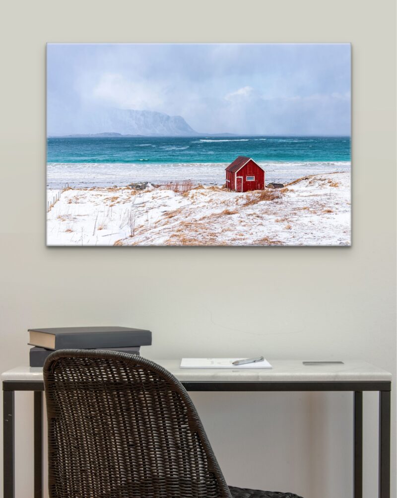 Red Beach House in Snowstorm – Photo Print Wall Art Norway - Lofoten Islands