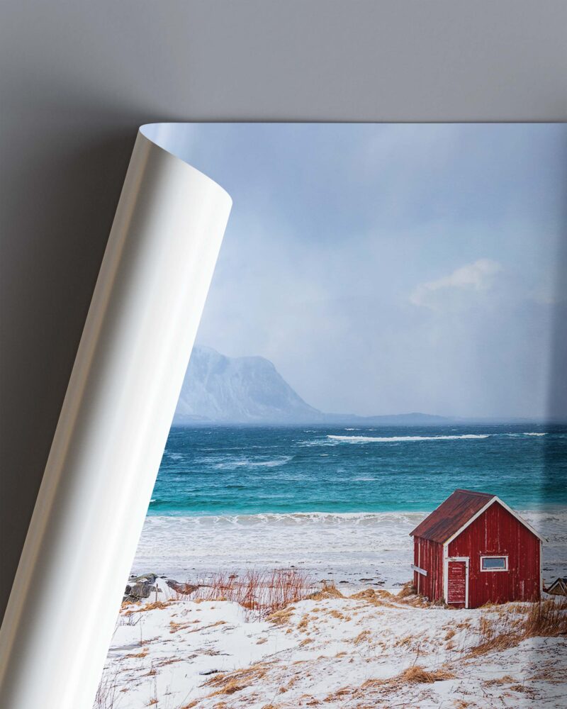 Red Beach House in Snowstorm – Photo Print Wall Art Norway - Lofoten Islands